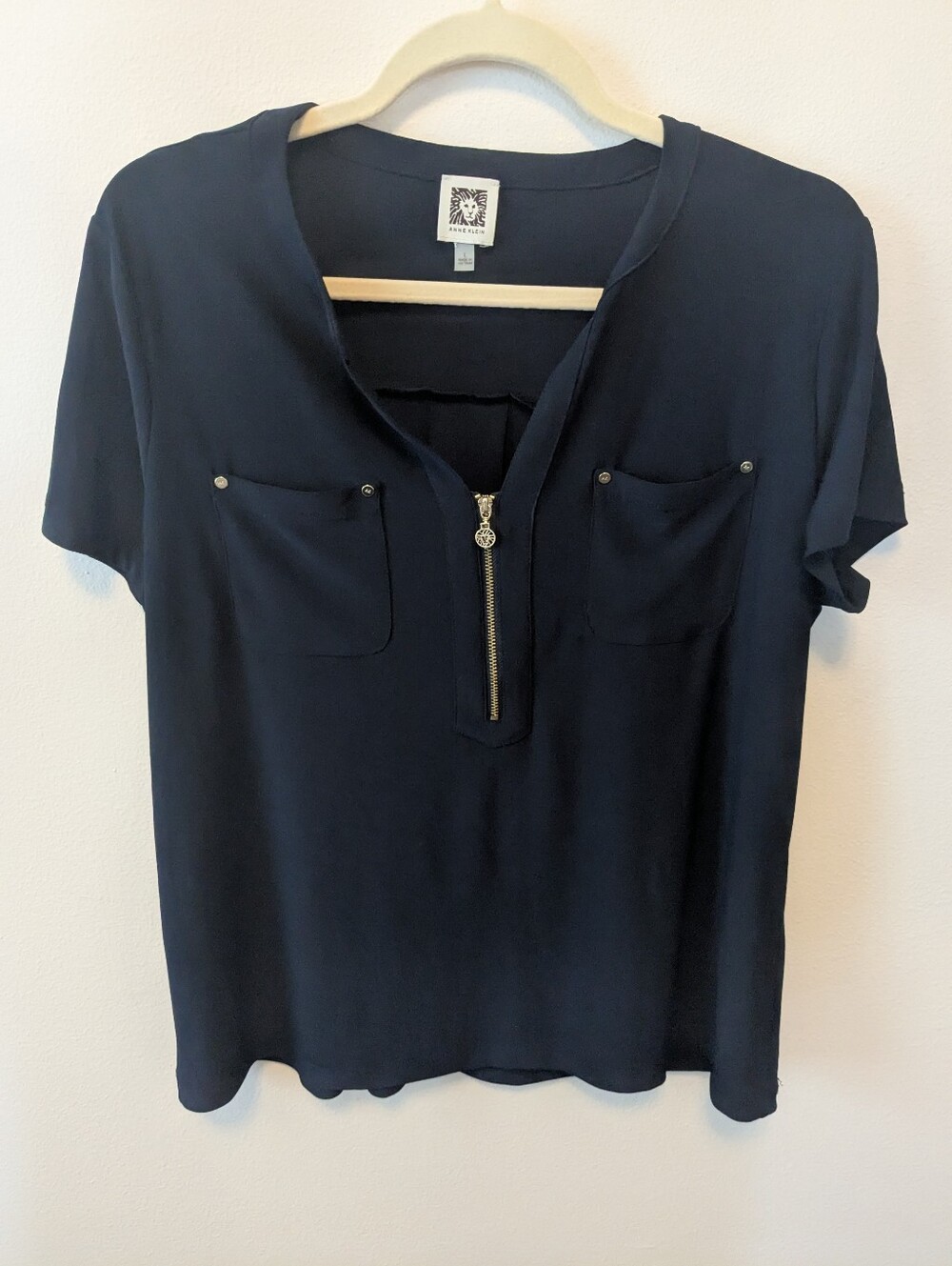 Anne Klein Navy Short Sleeve Zip Front Pocket Blouse